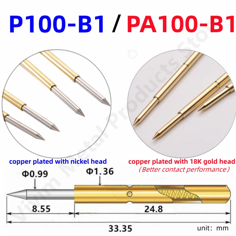 20/100PCS P100-B1 Spring Test Probe P100-B Test Pin PA100-B PA100-B1 Test Tool 33.35mm Dia 1.36mm Needle Tip Dia 0.99mm Pogo Pin