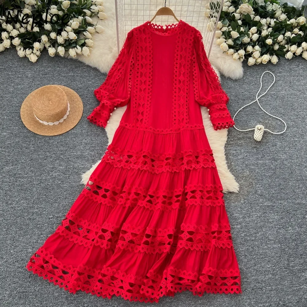 Neploe Loose Simple O Neck Lantern Sleeve Lace Dress Women Patchwork French Style Vintage Robe Big Swing Korea High Waist Mujer