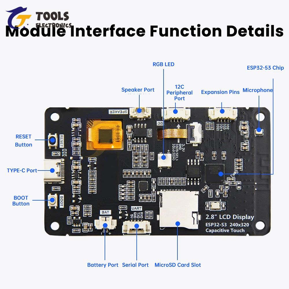 ESP32-S3 Development Board 2.8-Inch TFT Touch Screen WiFi Bluetooth AI Display Module with Type-C Interface for Xiaozhi