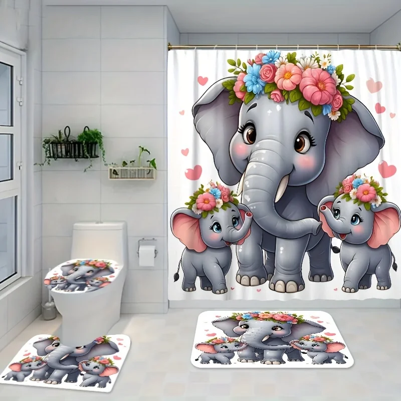 Elephant Bathroom Set Colorful Floral Wreath Design - Machine Washable Polyester Bath Ensemble with Fade Resistant Animal P