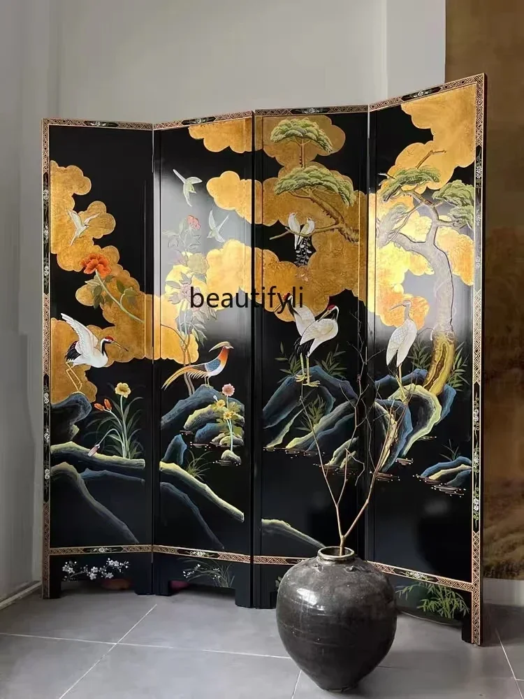 

FAMedieval black background flower and bird folding screen retro lacquer painting living room entrance partition decorative