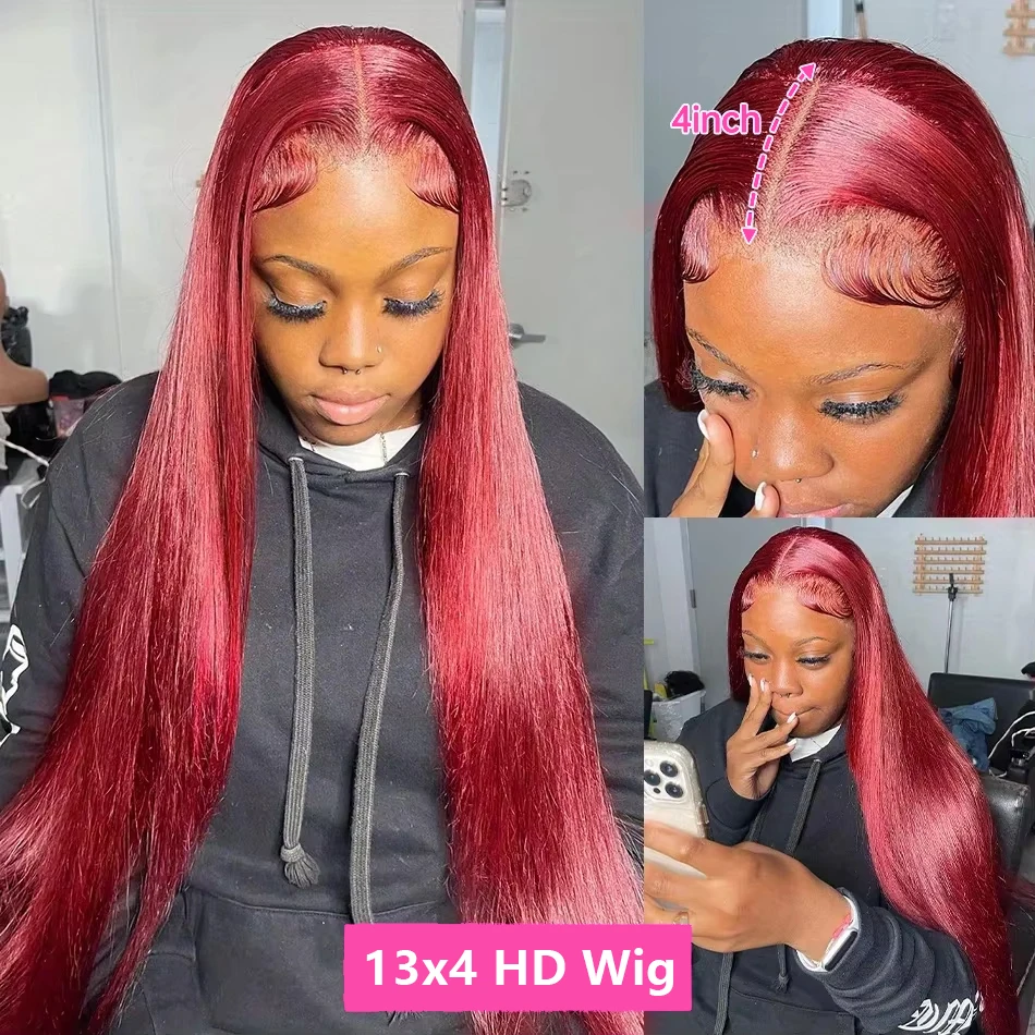 99J Burgundy Straight Wig Colored Human Hair Lace Front Wigs 13x6 13x4 HD Transparent Lace Frontal Wigs For Women 44 46inch