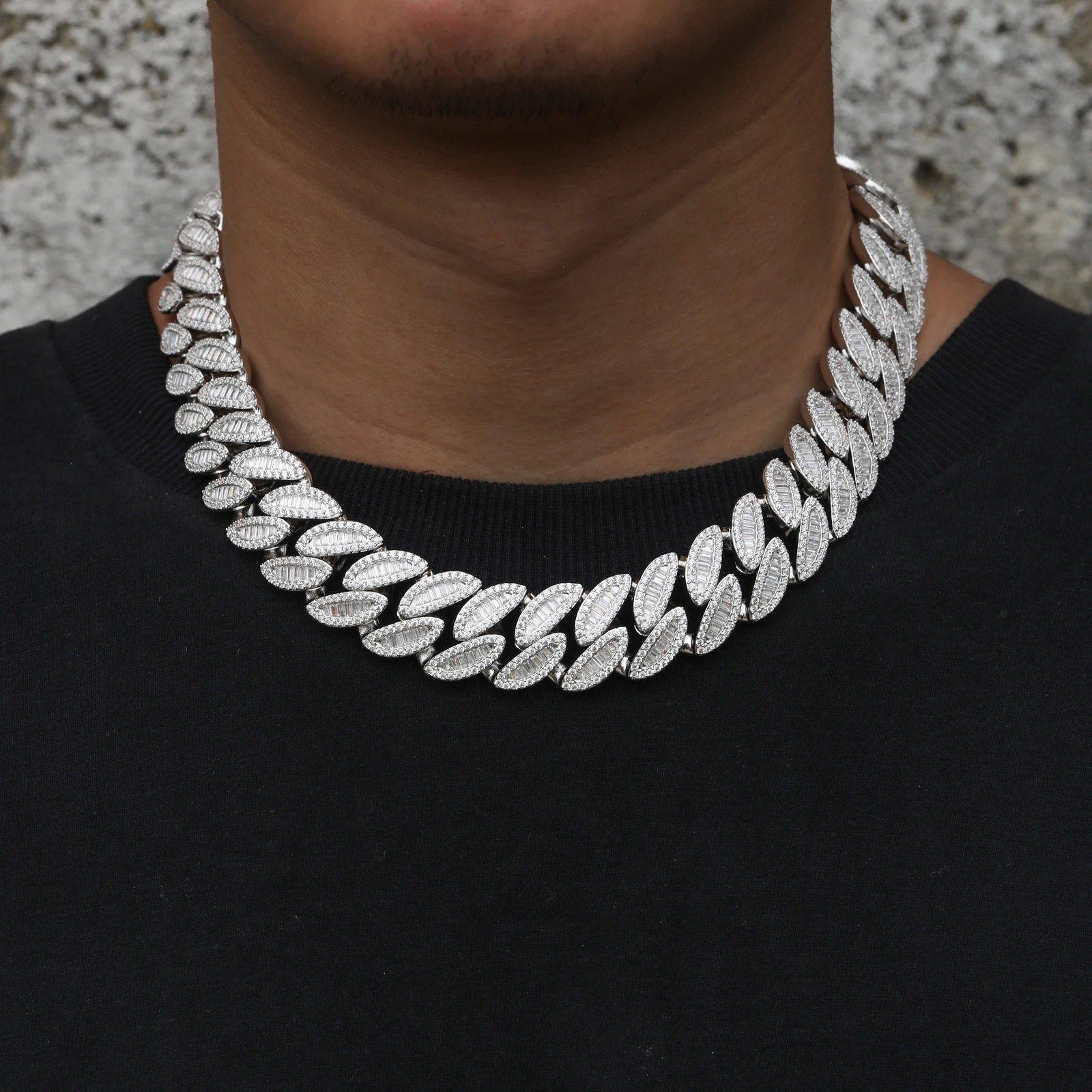 Cubana Hip Hop Jewelry Mens 20mm 925 Sterling Silver Vvs Baguette Moissanite Diamond Iced Out Leaf Cuban Link Chain Necklace