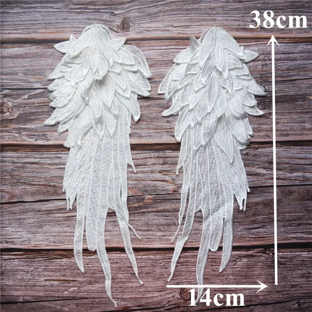 2PCS White Feather Wings Fabric Embroidery Gown Appliques Collar Sew On Patches For Wedding Decoration Dress DIY