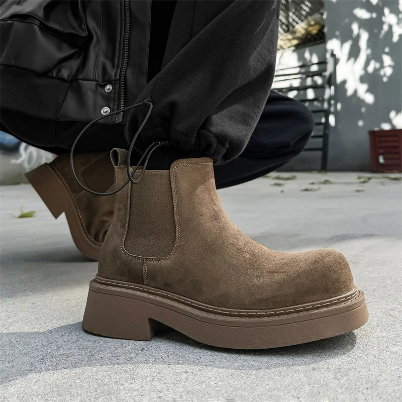 

Мужские повседневные ботинки «Челси» в английском стиле для вечеринок и банкетов, туфли без шнуровки из коровьей замши, ковбойские ботинки на платформе, ботильоны с большим носком