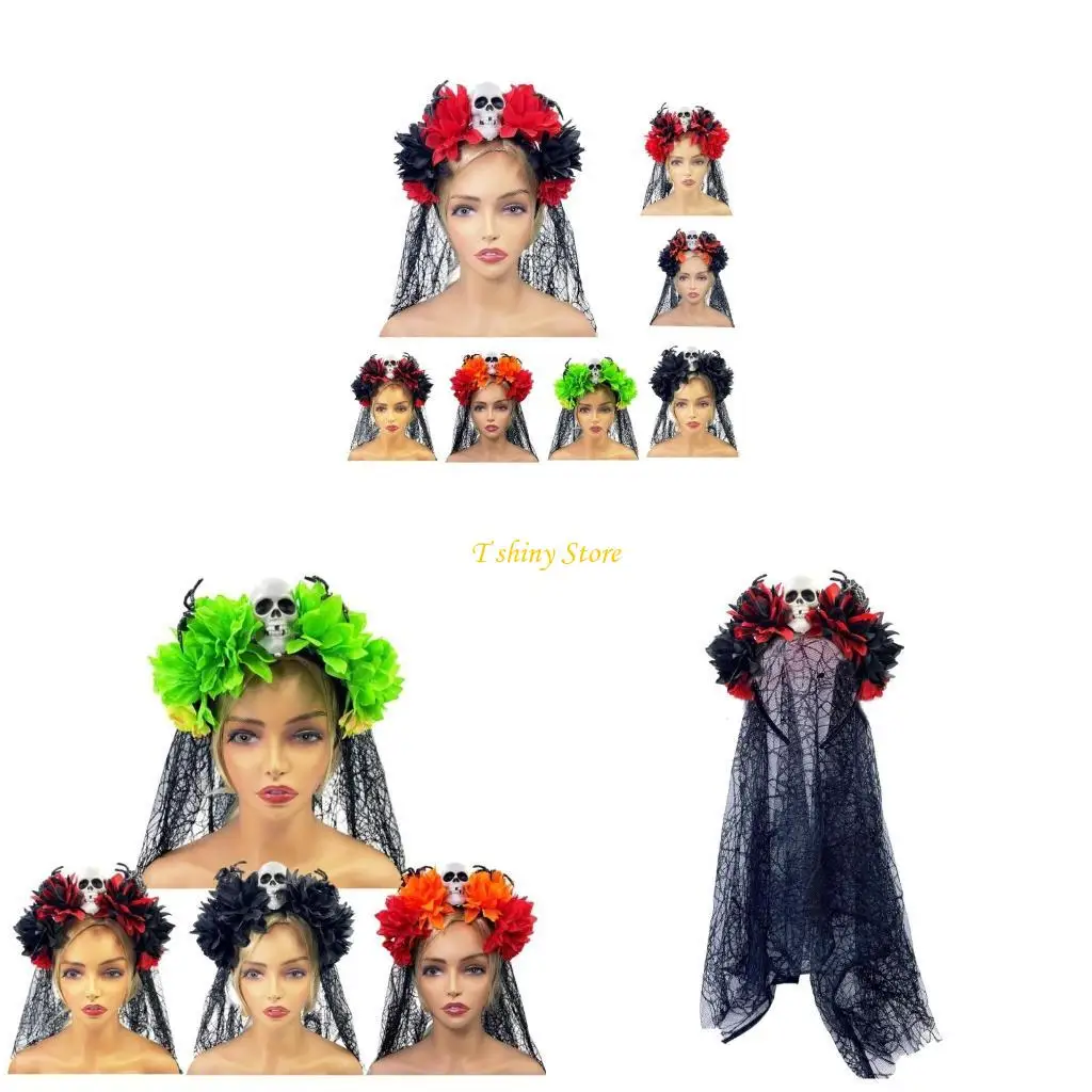 

N58F Dark Series Skull Hairhoop Party Props Veil Headband Cosplay Costume Hairband Scary Flower Hairband Halloween Supply