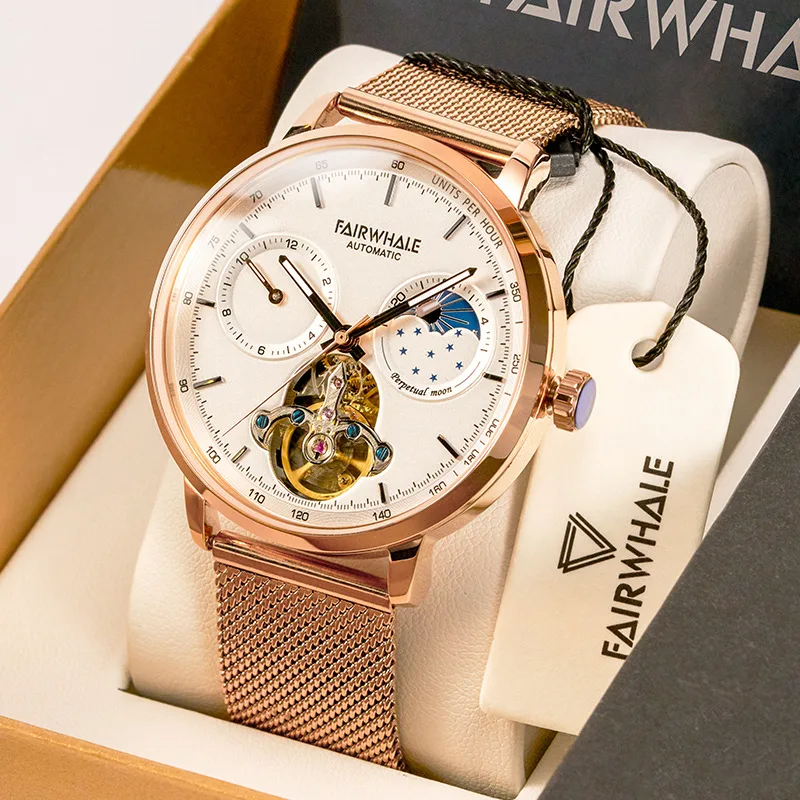 

Retro Watch for Men Carved Self-Wind Mechanical Tattoo Tourbillon Moon Phase Independent Seconds Skeleton Automatic Big Dial