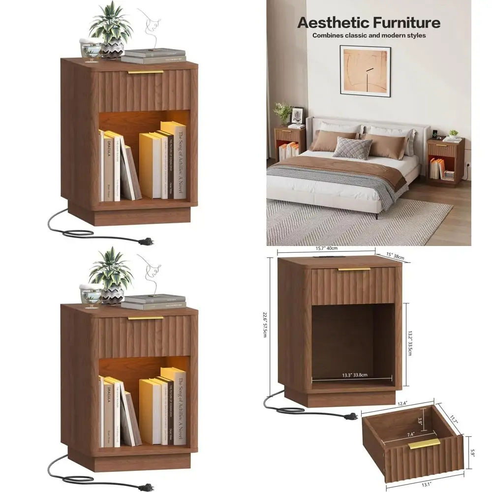 

Прикроватная тумбочка в стиле Mid-Century Modern из орехового дерева с зарядной станцией и LED-подсветкой, 15x15.7x22.6