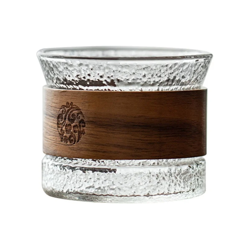 Japanese Style Glass Coffee Mug Walnut Wood Cup Sleeve Glass Cup Hammer Pattern Glass Tea Cup Coffeeware Beautiful Tea Mugs