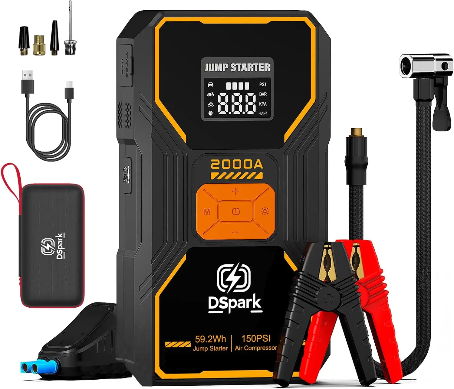 

5-in-1 Portable Car Jump Starter with Air Compressor, 2000A Power for Gas & Diesel Engines, USB Fast Charge