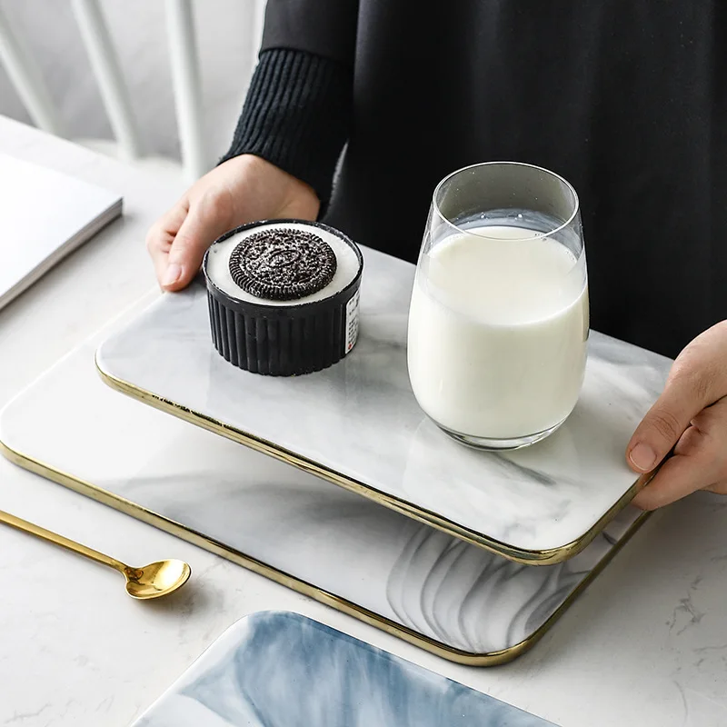 Marble Ceramic Cutting Board with Glod Rim, Kitchen, Sushi, Bread, Cheese Serving Board, Rectangular Plate, Storage Tray