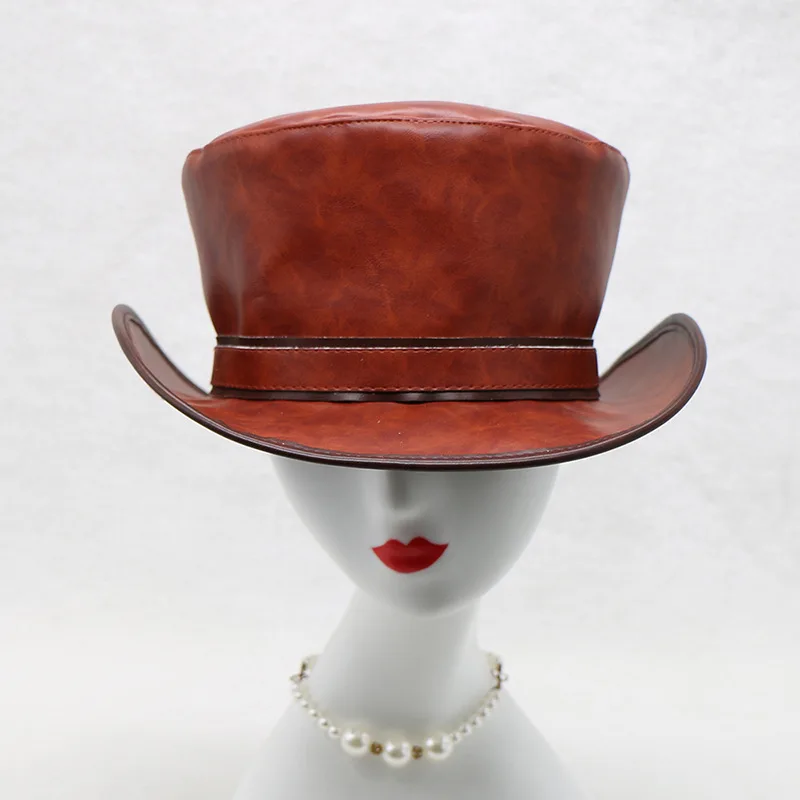 Hot Sale Men's Crazy Horse Leather Distressed Color Jazz A Tall Hat Flat Top Warped Edge Knight Leather Top Hat