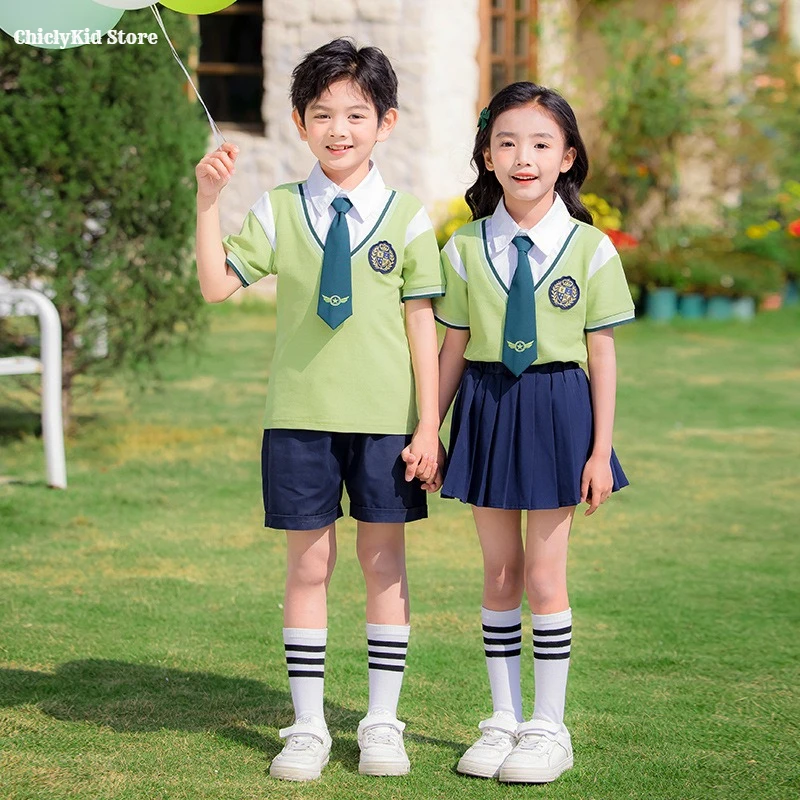 Girls Korean Preppy Fake Two Shirt Skirts Boys Vest Tops Shorts Kids Toddler Clothes Set Children Summer Students School Uniform