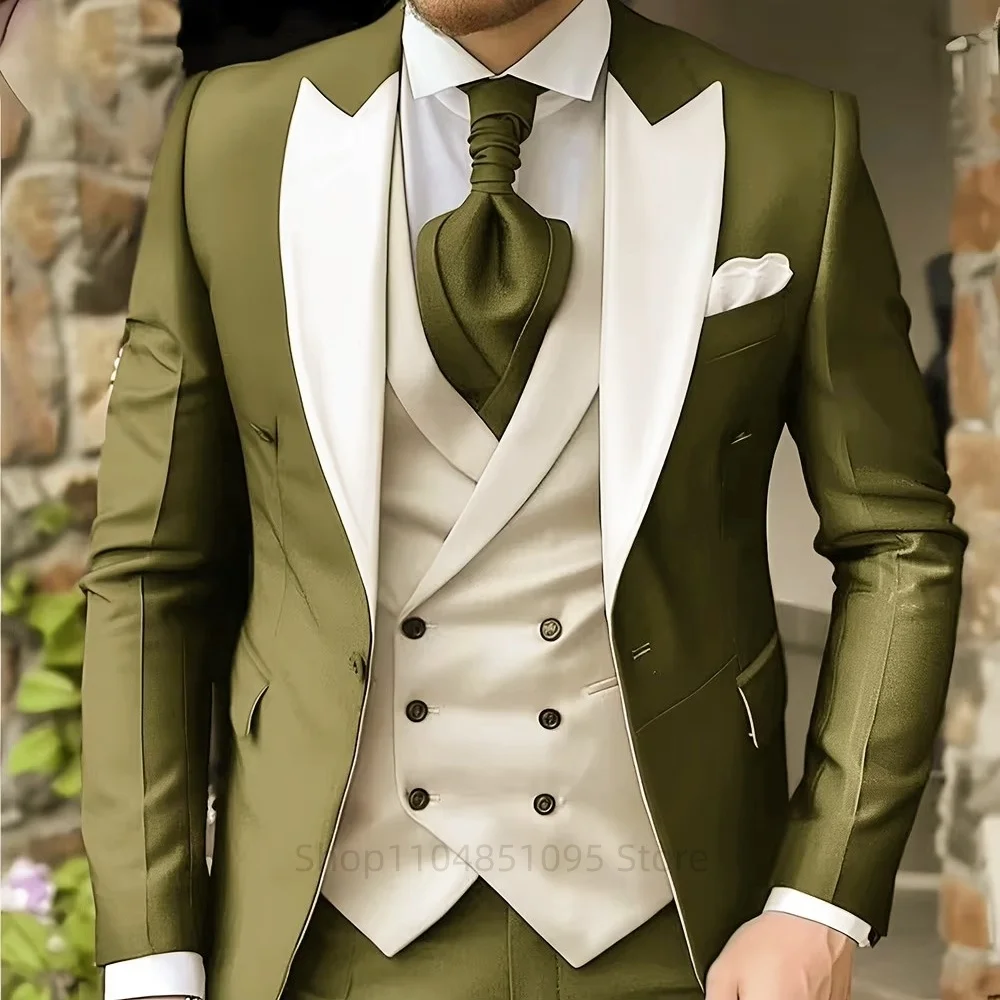 

MenPink Men's Suits Elegant Peak Lapel Jacket Groom Tuxedo 3 Pieces Blazer Vest and Pants Set Formal Men's Suit for Business Pro
