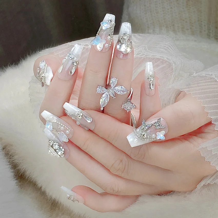 24pcs Elegant Butterfly Press On Nails Flash Powder White French Style False Nails Glossy Rhinestone Pearl Decor Luxury Manicure