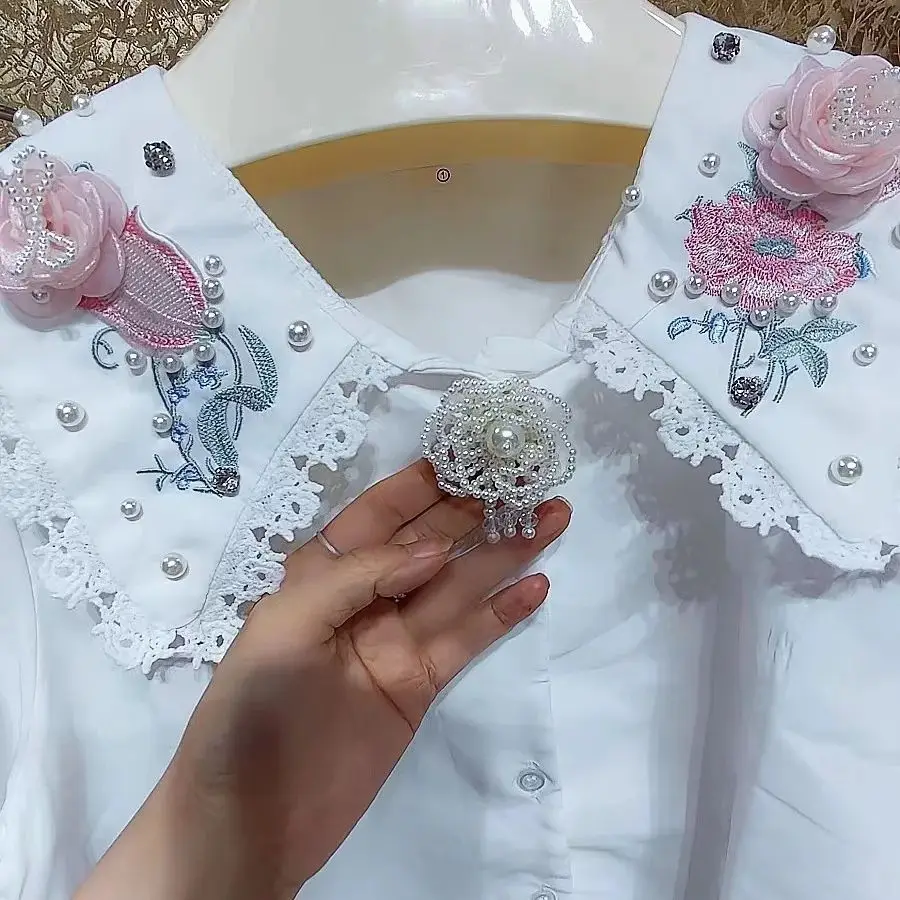 Peals Beaded Flower Embroidery Stitch White Blouses Shirts For Women\'s Sweet Short Sleeve Single Breasted Buttons Up Tops Blusas