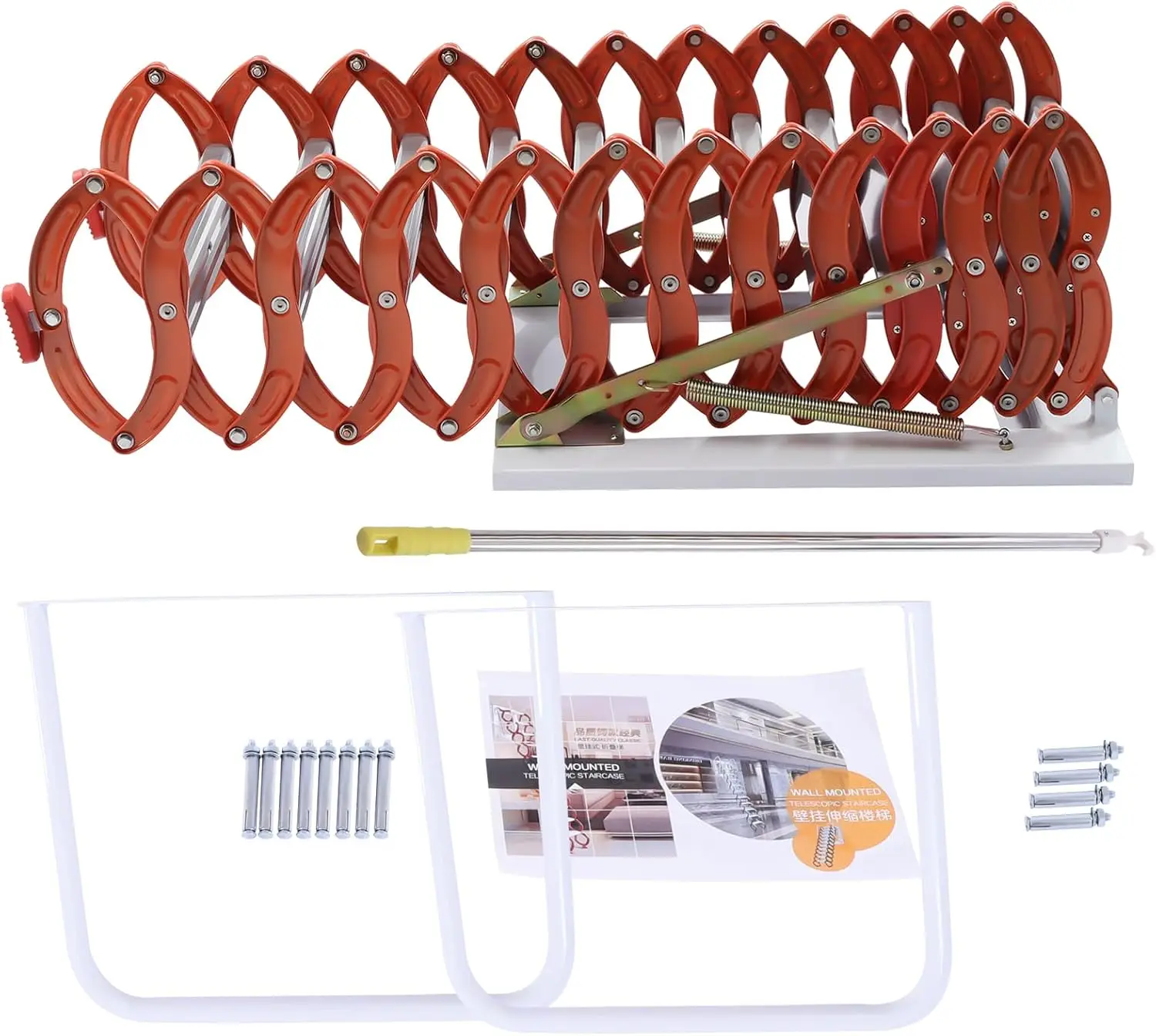 Scala pieghevole montata a parete per soffitta a 12 gradini, arancione, pieghevole, altezza 10 piedi, sistema di trazione per attico, gradini