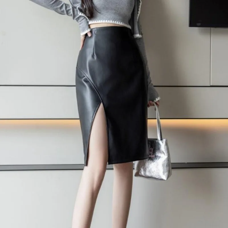 2023 New Temperament Midi OL Professional Underdress Thin Leather Skirt Hip Apron Silver PU Slit Women Petticoat Long Wrap Skirt