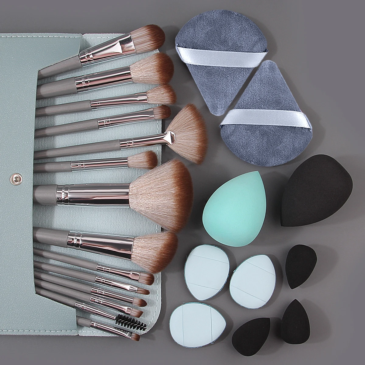 ชุดแปรงแต่งหน้าอเนกประสงค์ขนนุ่ม 14 ชิ้น & ฟองน้ำแต่งหน้าไม่ติด 10 ชิ้นไข่/พัฟแป้ง & ถุงเก็บ 1 ชิ้น