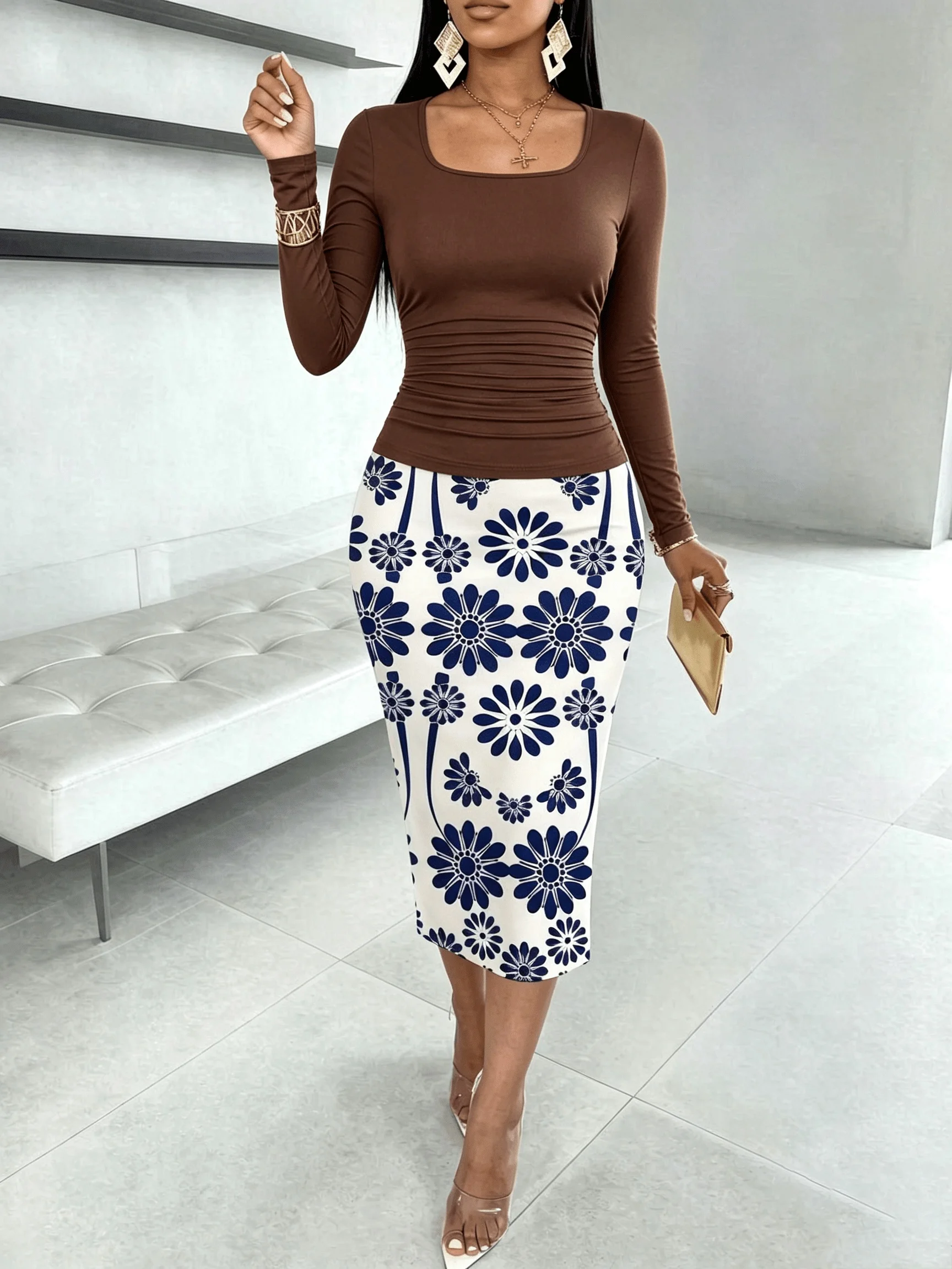 Women's Casual Elegant Solid Color Square Neck Long Sleeve T-Shirt Top with Elastic Waist Skirt Set Floral Print