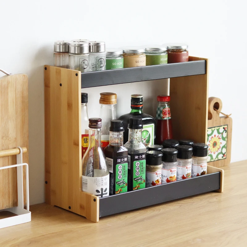 Kitchen Storage Rack Non-perforated Aluminum Alloy Bamboo Double-layer Seasoning Bottle And Jar Table Top Grocery Rack Desktop