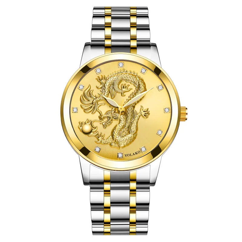 Montre Dragon Style Chinois pour Homme, Non Mécanique, Diamant, Étanche, Ceinture en Acier, Quartz, Or, Fa