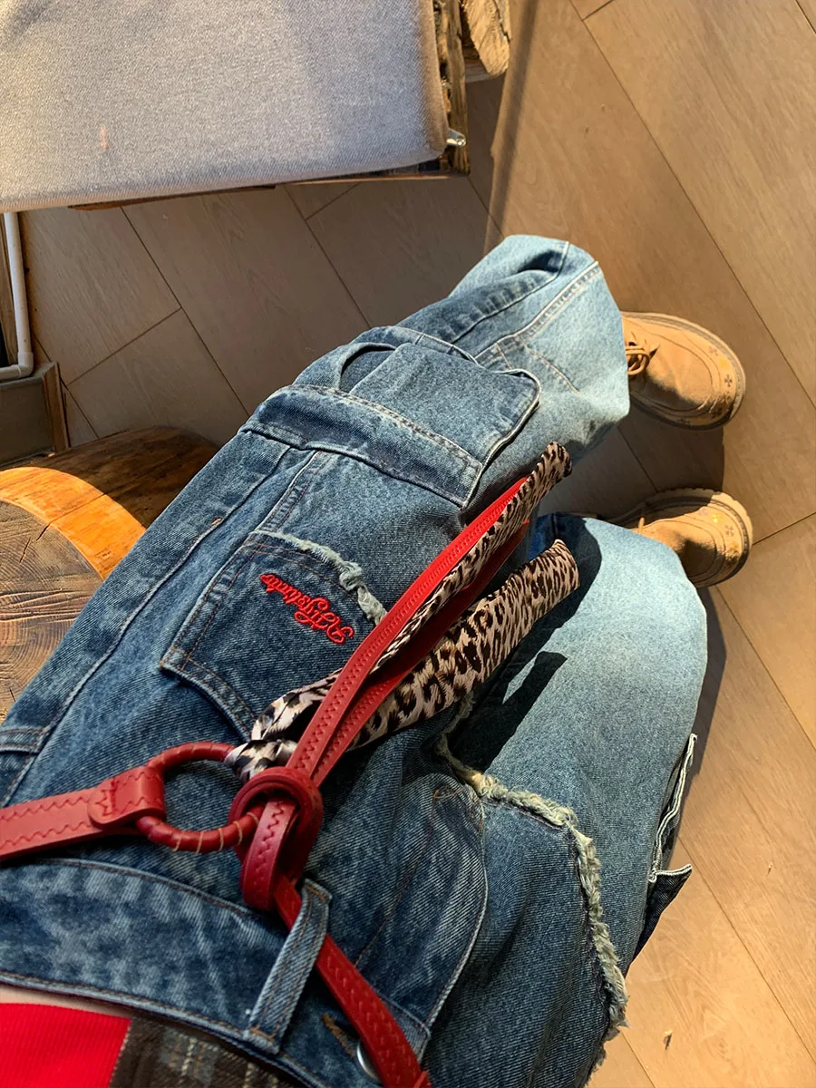 

Джинсы женские в рабочем стиле с вышивкой, прямые, из хлопка, с естественной талией, без стрейча, осенняя коллекция