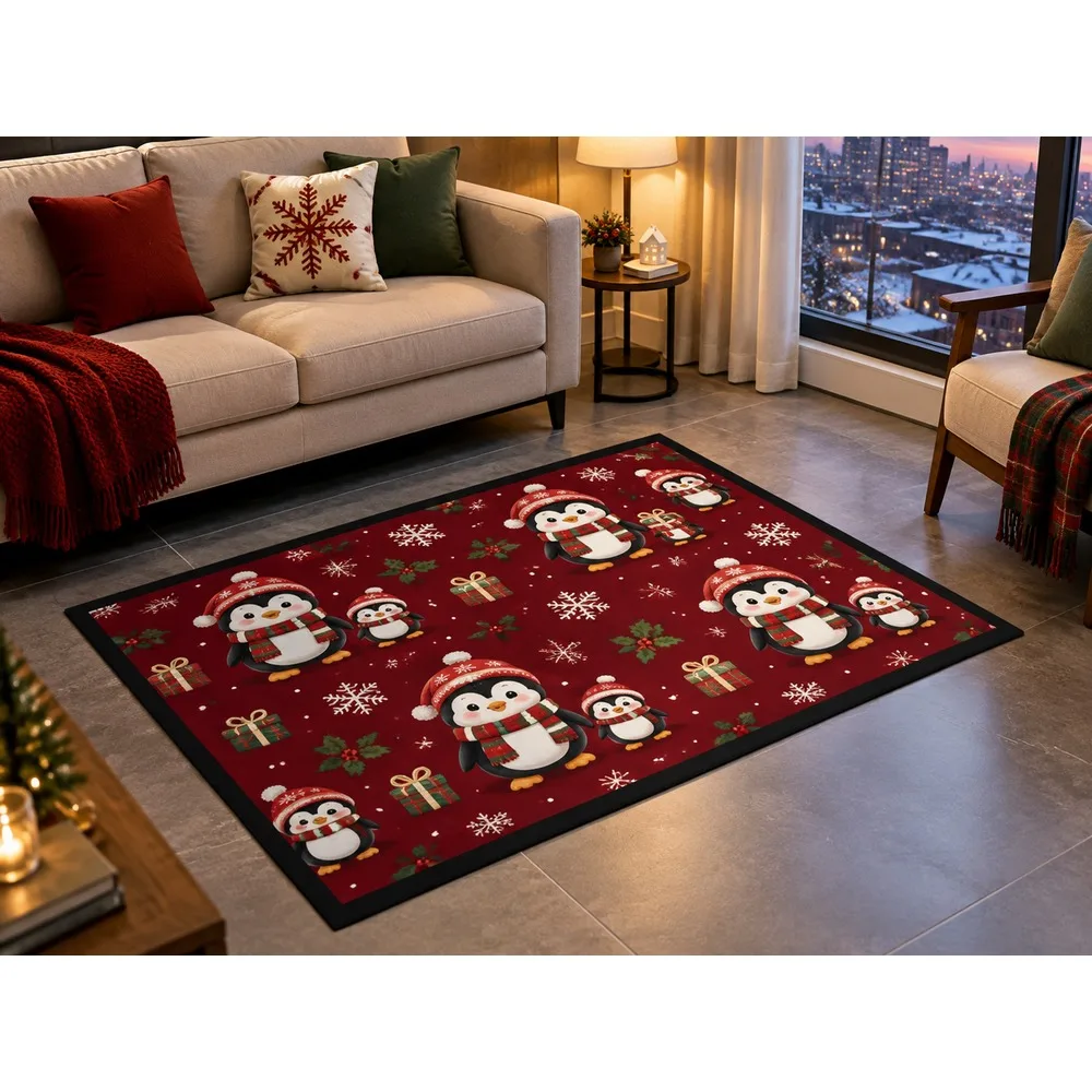 VIKAMA Christmas Wine Cream Penguin Flannel Door Mat, Anti-Slip Washable Xmas Rug, Christmas Decor for Playroom, Front Porch