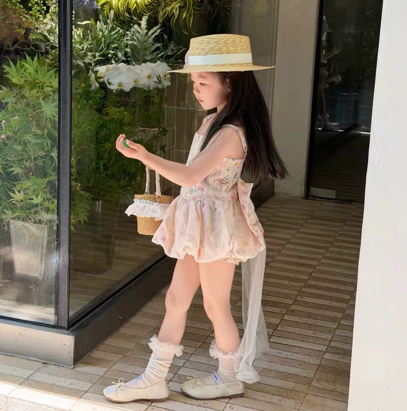 Korean Children Clothing Girls Summer Floral Bow Princess Mesh Trailing Skirt Flower Bud Shorts Two-piece Set