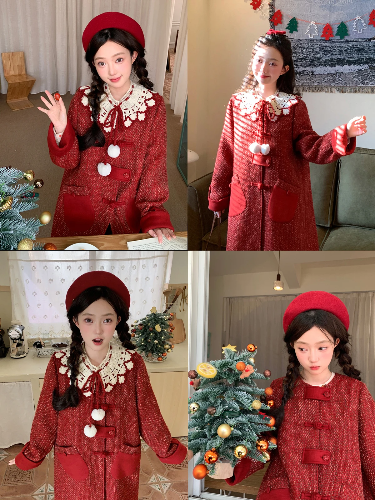 

Женское пальто больших размеров с имитацией воротника, красное, средней длины, зимняя верхняя одежда, с круглым вырезом, длинными рукавами, эффект стройности