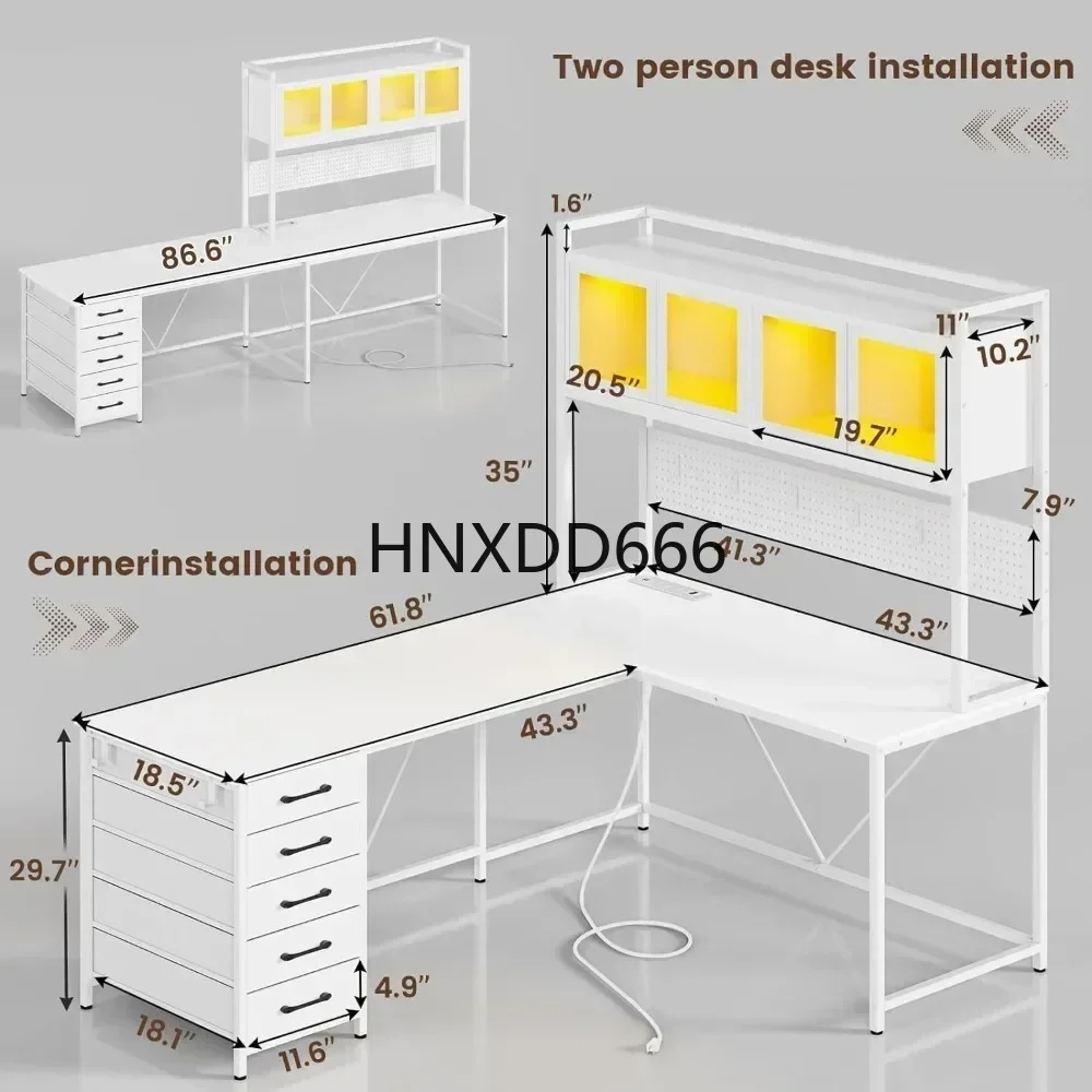 L-shaped Computer Desk with Storage Shelves, Pegboard, LED Lights, Sockets, Home Office Desk, Corner Table, Large Gaming Table