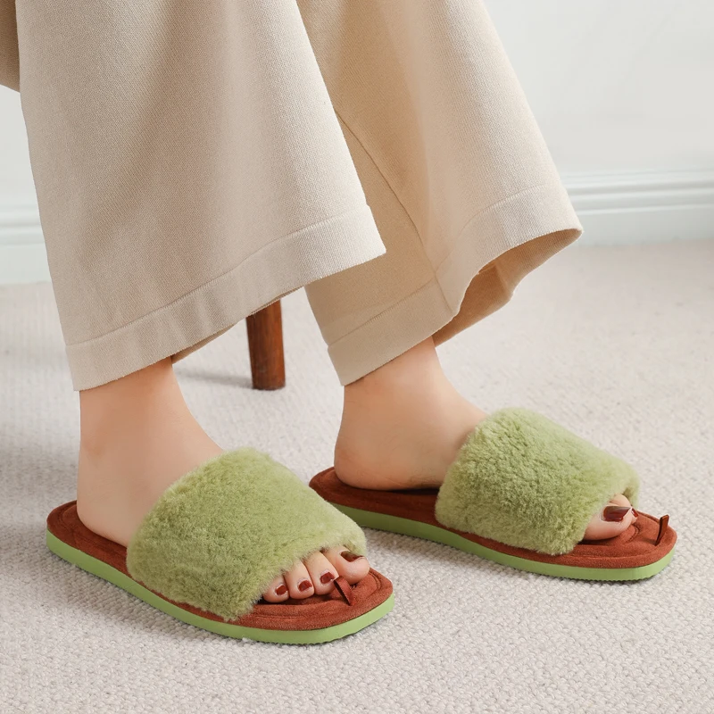 Goosecret Winter Warm Plush Flat Slippers Women Bedroom Slides Female Cute Open Toe House Slippers Cozy Soft Sole Faux Fur Shoes