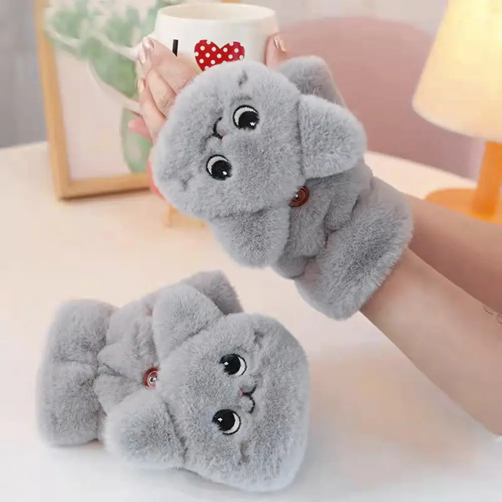 Winter Half Finger Gloves Cartoon Cat Thick Plush Mittens Student Writing Gloves Typing Gloves Fingerless Flip-over Hand Warmers