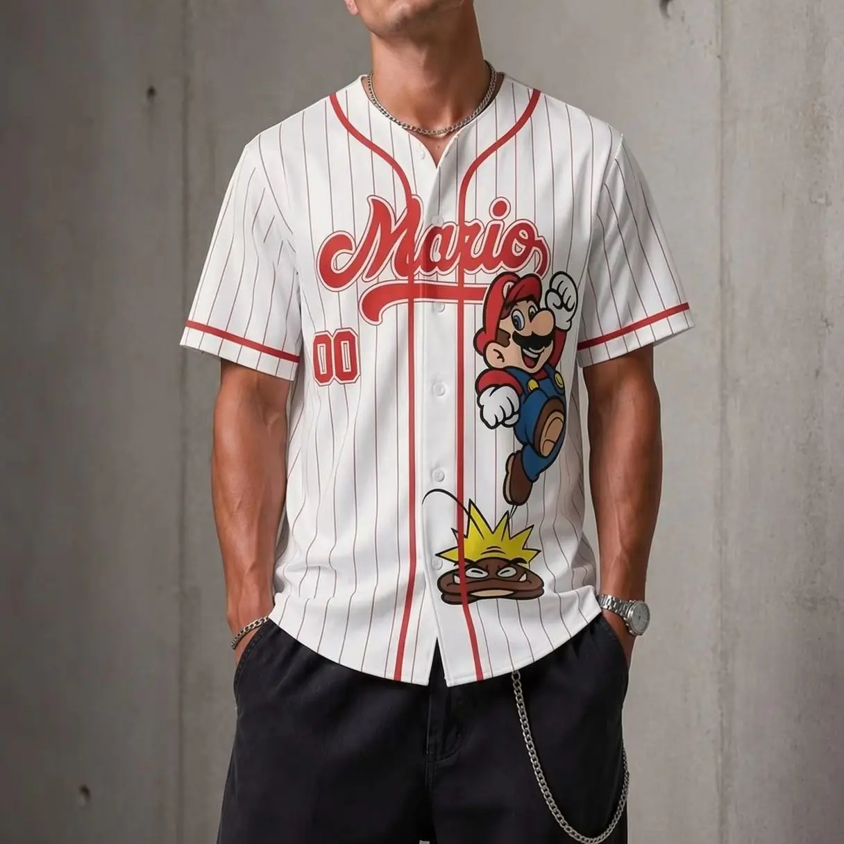 Men's Cartoon Anime Printed Crew Neck Short Sleeve Cardigan Baseball Uniform Casual Fashion Sports Jersey T-Shirt