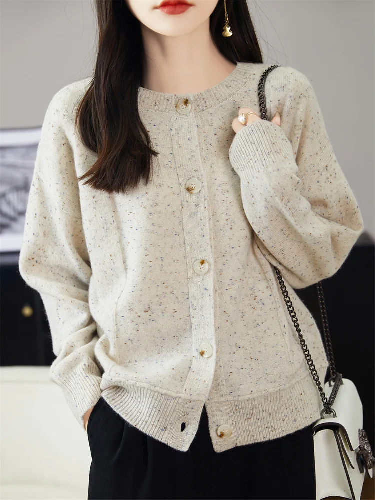 ADDONEE Autumn Winter Women O-neck Cardigan 100% Merino Wool Knitwear Long Sleeve Loose Cashmere Sweater Korean Popular Tops