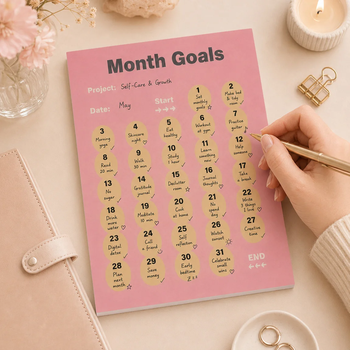1PC 51 Sheets Monthly Goal Tracker Sticky Notes, 31-Day Habit Planner, Peel & Stick Adhesive Memo Pad, 10x14cm