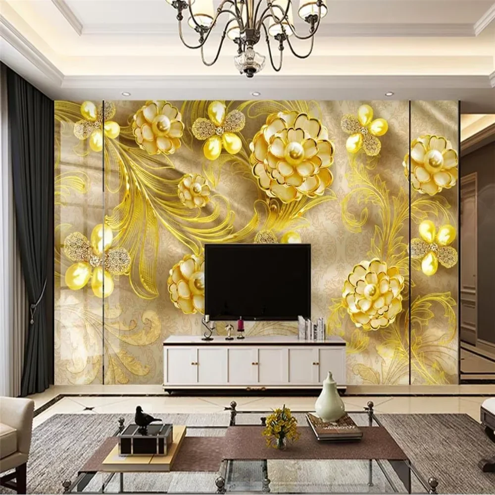 

Индивидуальные 3D-обои с цветочным узором и золотом для гостиной, фон для телевизора, декор для дома, улучшение интерьера