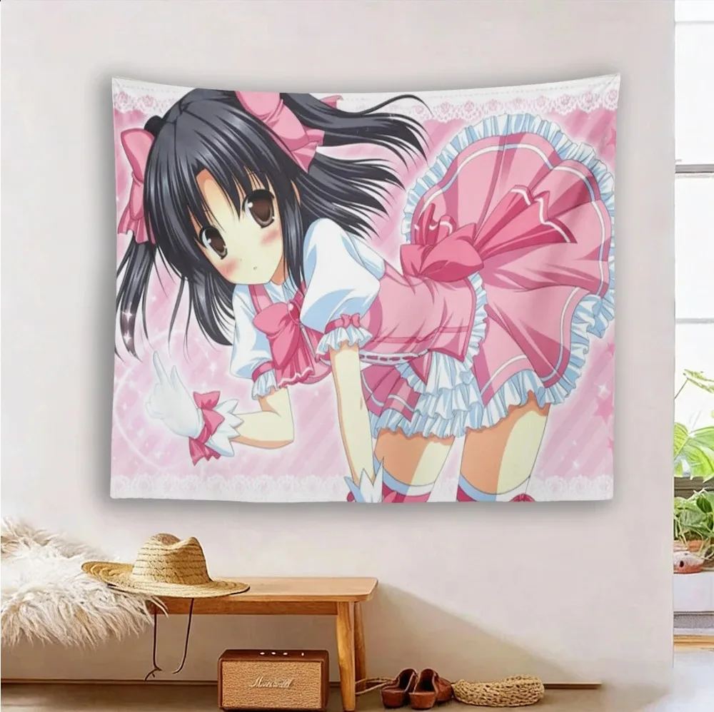 Cute Black‑Haired Anime Girl Tapestry, Sweet Pink Lolita Outfit Lace Design Wall Hanging, HD Printed Polyester Wall Decor for Gi