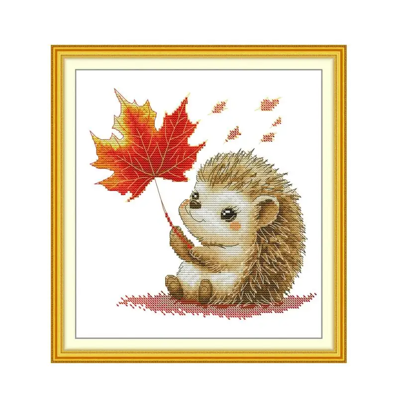 Healing Red Maple Hedgehog Embroidery 11CT/14CT/16CT Printed Canvas Cross Stitch Kits Home Decoration Modern Wall Art Handmade