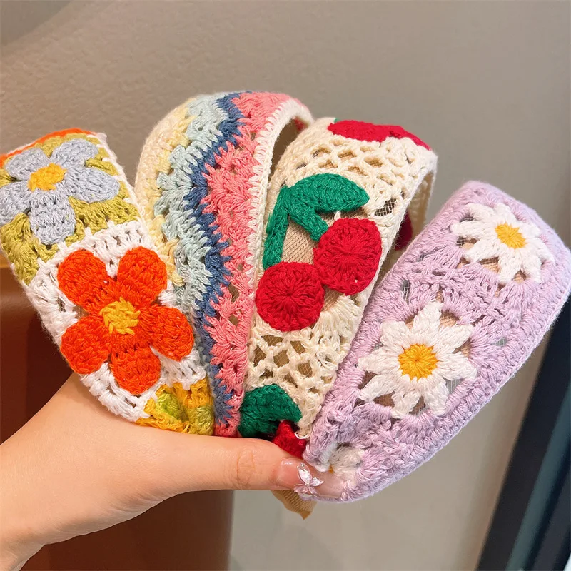 4 Pcs Crochet Wide Headbands For Women Cute Flower Daisy Cherry Rainbow Knitted Hair Bands No Slip Sweet Hair Accessories For