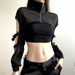 Harajuku Gothic Sexy T Shirt Women Long Sleeve Hollow Out Zipper Y2k Crop Tee Tops Cyberpunk Grunge Short Goth Top