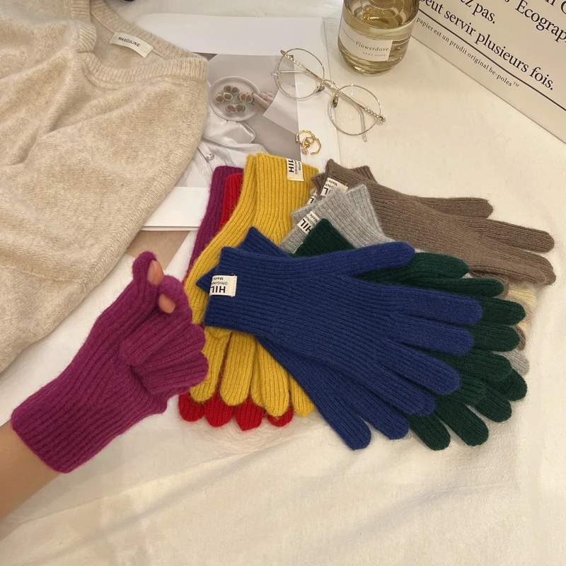 Solid Color Ins Knitted Knitting Wool Gloves Simple Autumn Winter Korean Style  Finger Touch Screen Warm Finger Containing Wool