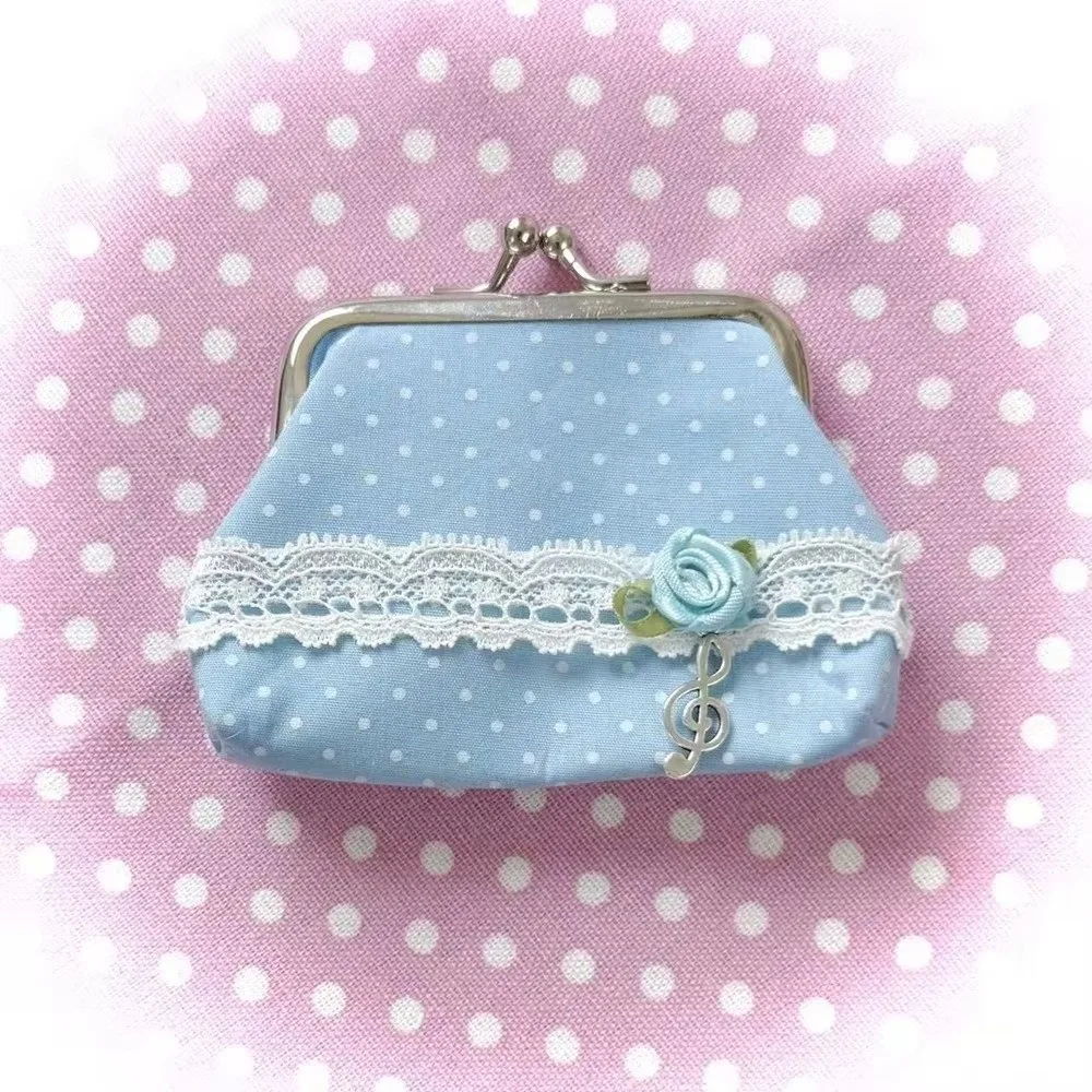 Retro Handmade Lace Polka Dot Coin Purse Music Note Rose Pattern Kiss Lock Wallet Vintage Portable Earphone Bag Party