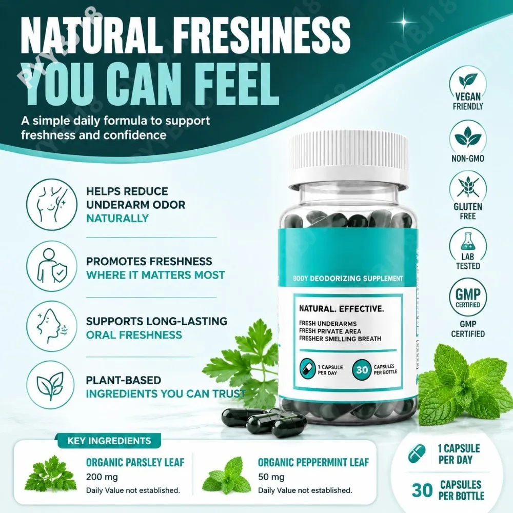 Natural Internal Deodorant Capsules Organic Parsley 200mg & Peppermint for Underarm Odor Freshness & Breath Support 30 Count