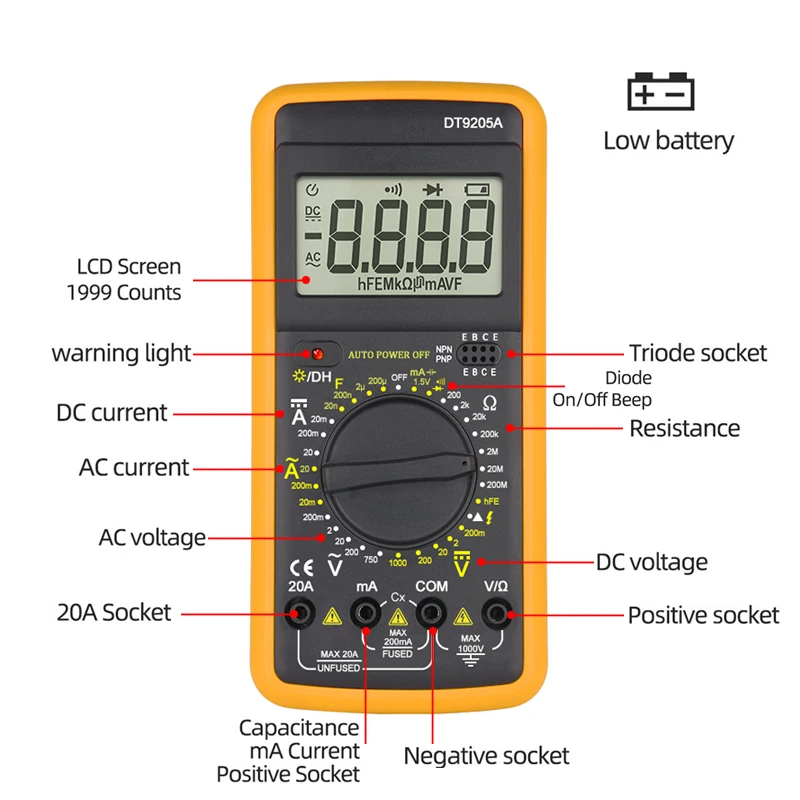 DT-9205A Digital Multimeter Ammeter Voltmeter Digital Voltage Tester Resistance Auto Range Multimetro Meter Test Probes