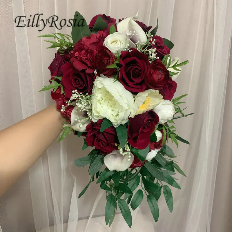 EillyRosia Burgundy Bridal Bouquet Wedding Flowers Peony Teardrop Cascading Wedding Bouquet for the Bride Artificial Flowers