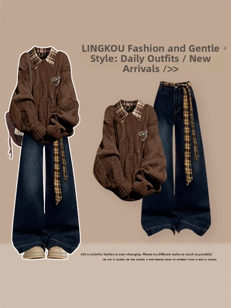 

Retro Knitted Sweater Set Women's Large Size Autumn Winter Three-Piece Set with Plaid Shirt And Jeans for Casual Wear