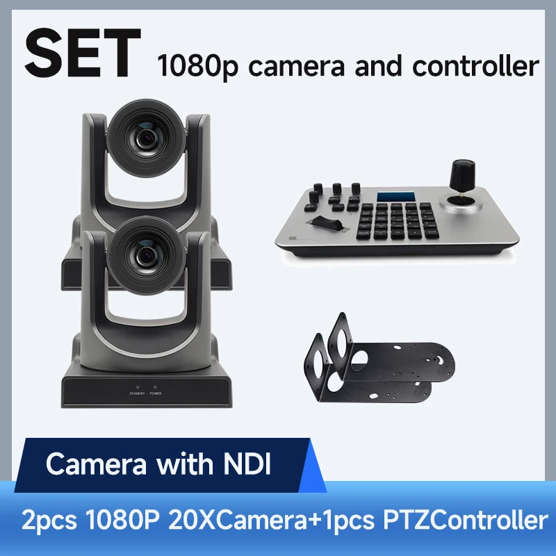 2PCS 1080p NDI Camera 60FPS 20X Zoom Auto focus PTZ Camera with PoE HDMI SDI USB and1pc PTZ Controller for Live Streaming