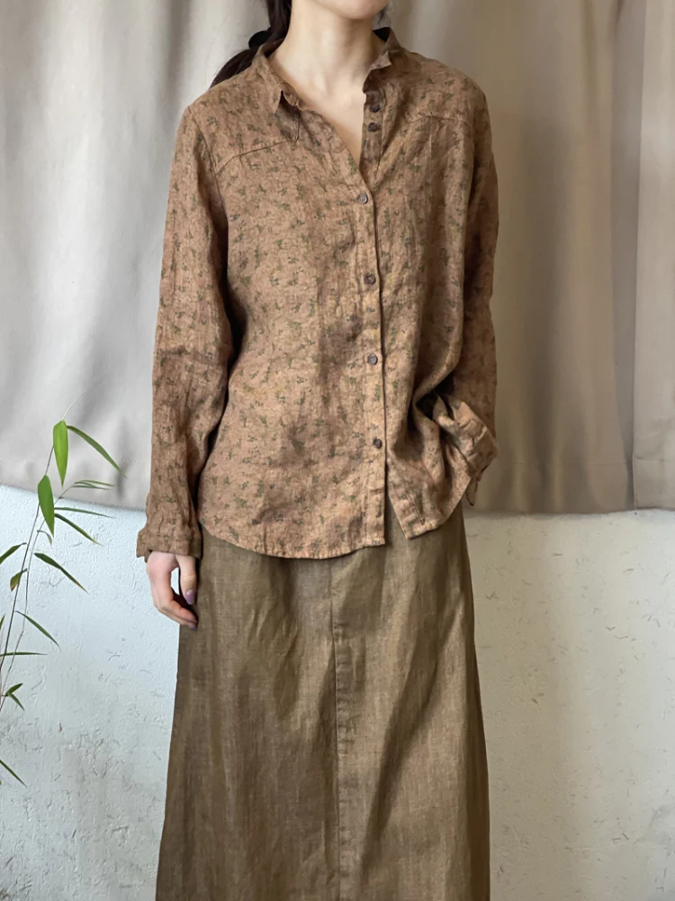 

Женская льняная рубашка Slim Fit с принтом, длинным рукавом, модная, в художественном стиле, кофейного цвета, с эффектом похудения, для осеннего сезона