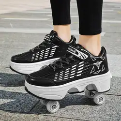 2024 Deform Wheel Skates Roller Skate Shoes With 4-Wheel For Children Rounds Walk Casual Deformation Parkour Runaway Sneakers